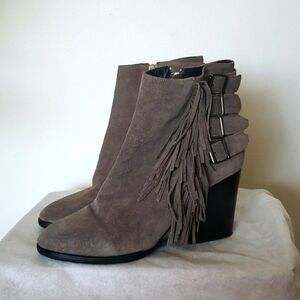 The Kooples fringe buckle genuine leather ankle booties, gray, women's 40